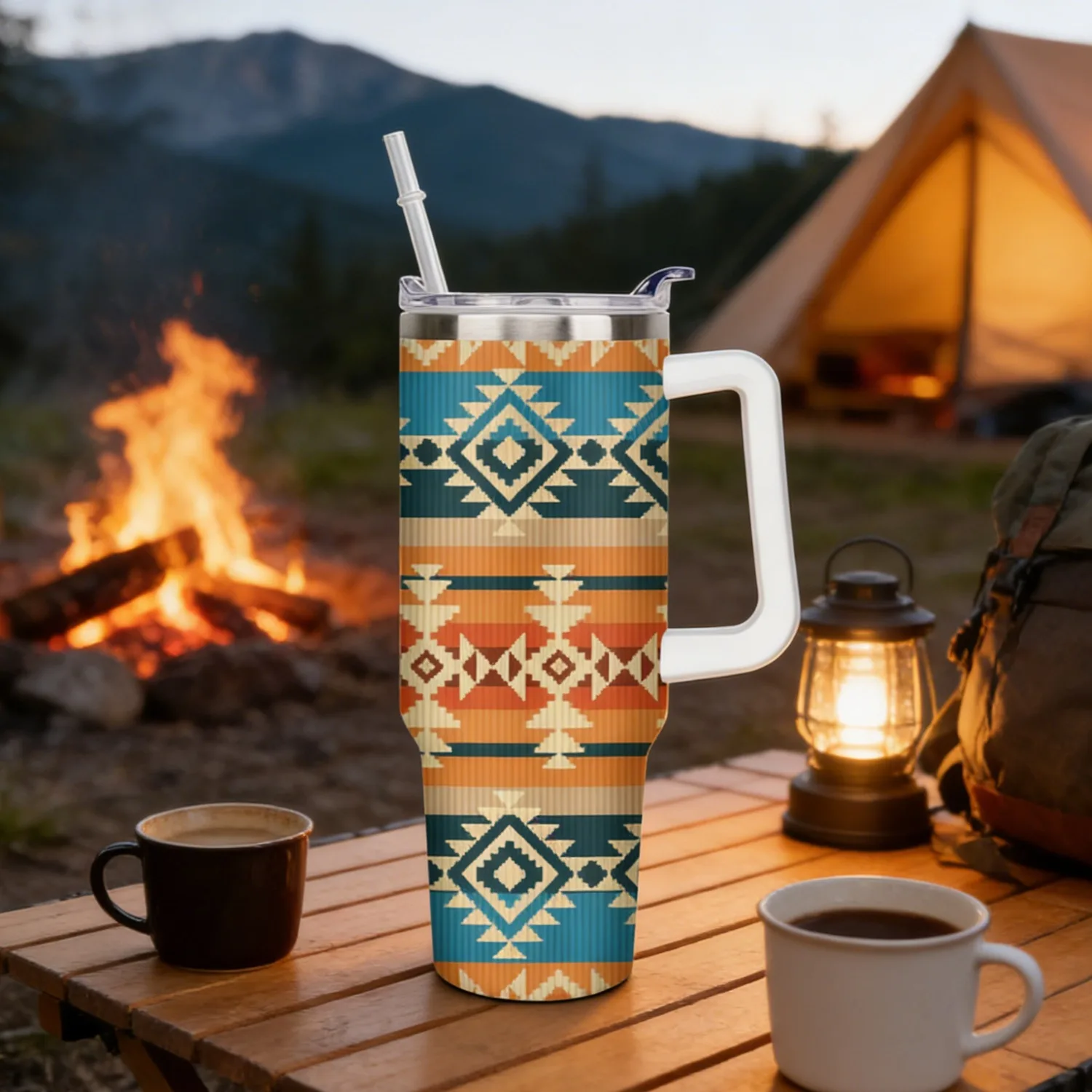 1pc 40Oz Bohemian Cup with Handle | Bohemian Themed 40Oz Cup | Leak-Proof Cap And Straw | Double Thermos | Graduation Bohemian Gifts for Men And Women