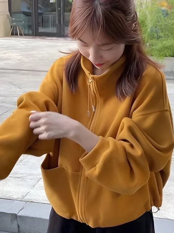 

Утепленная флисовая толстовка на молнии, женская свободная повседневная кофта-кардиган в корейском стиле с воротником-стойкой