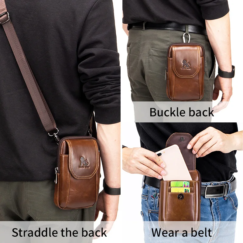 Genuine leather mobile phone bag, men's cowhide waist bag with hook and wear-resistant diagonal collapse, one shoulder small bag