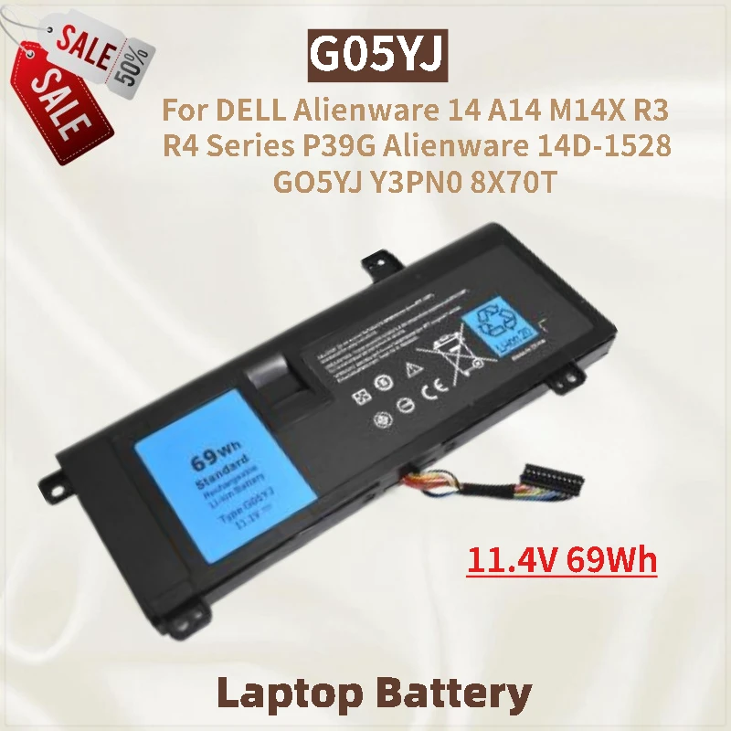 

G05YJ Laptop Battery 11.4V 69Wh for DELL Alienware 14 A14 R3 R4 M14X Series P39G Alienware 14D-1528 Y3PN0 8X70T New High Quality