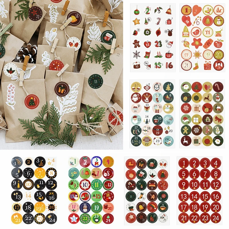 

24pcs Merry Christmas Advent Calendar Number Paper Stickers Creative Number 1~24 Stickers DIY Gifts Packaging Labels Xmas Decor