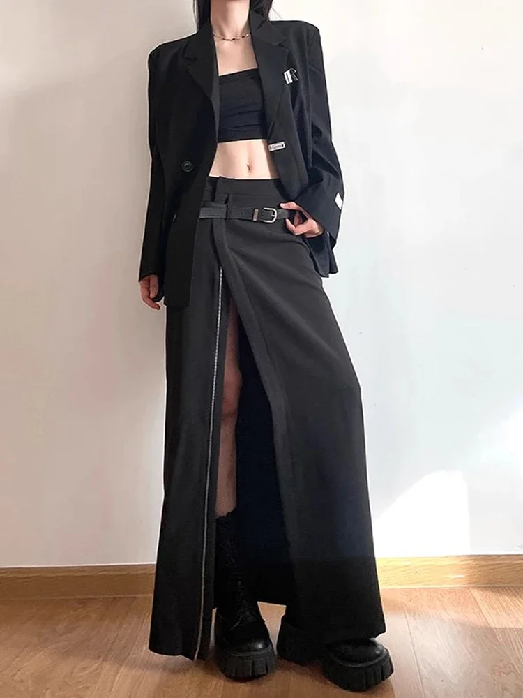 Y2k rok hitam untuk wanita, pakaian jalanan elegan model A-Line rok panjang Harajuku Korea Vintage pinggang tinggi 90s 2024