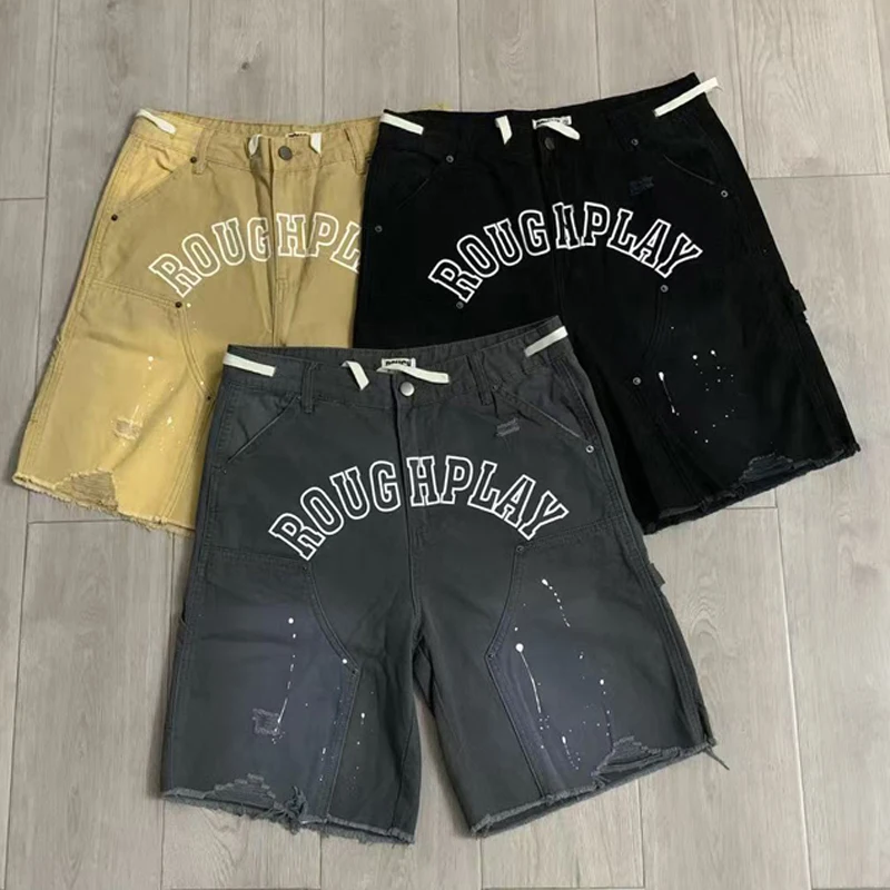 Retro Washed Rough Play Cargo Shorts Men Women High Quality Splashed-ink Pattern Hip Hop Ripped Casual Shorts
