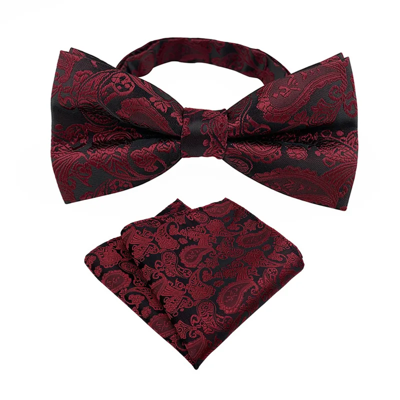 

2pcs New Tide Wine Paisley Floral Polyester 12*6CM Bowtie 25*25CM Pocket Square for Groom Wedding Gifts Necktie Handkerchief Set