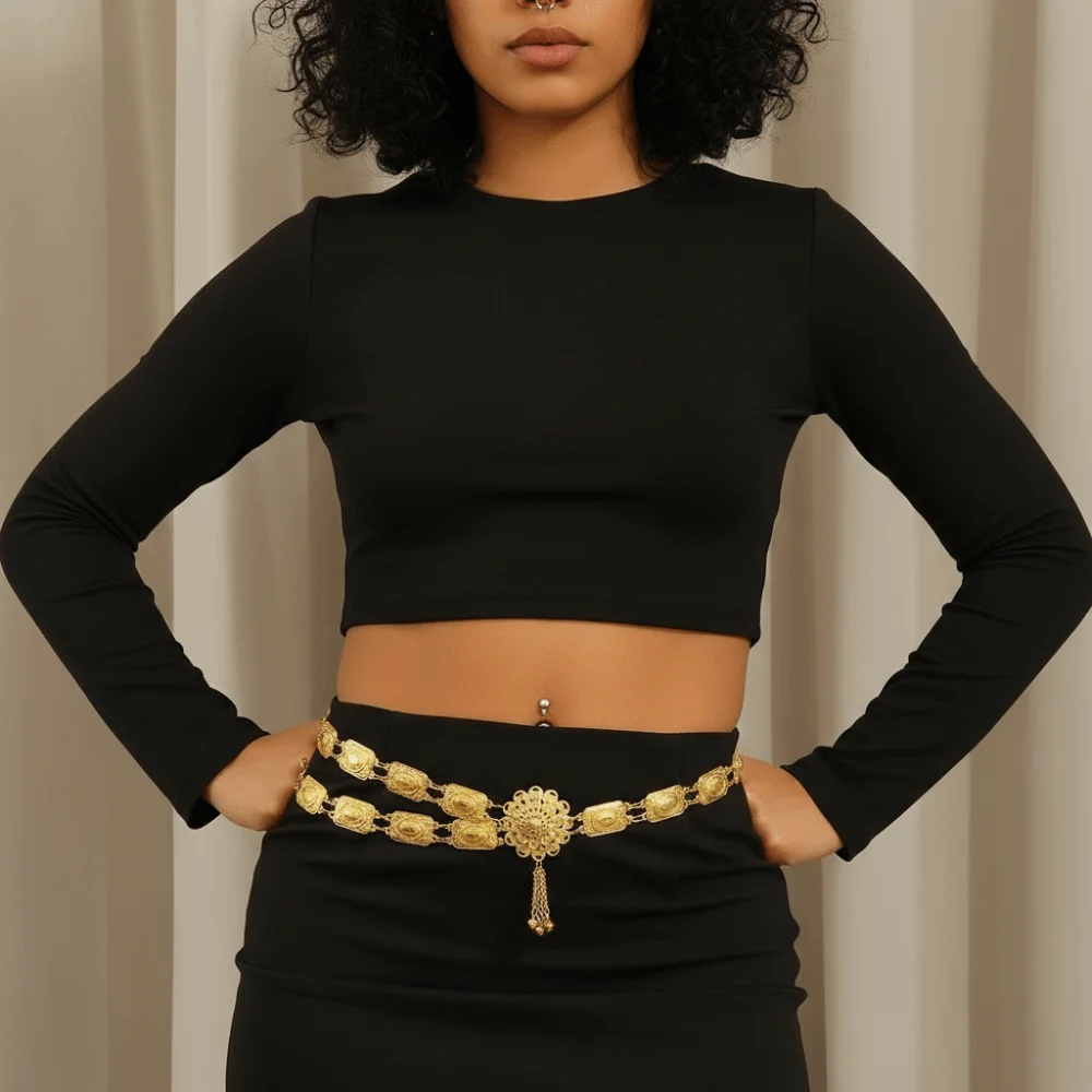 Retro Water-Sprinkling Festival Waist Chain Carved Design Hollow Out Thai Belly Waist Chain Flower Pattern Gold Color Metal Belt
