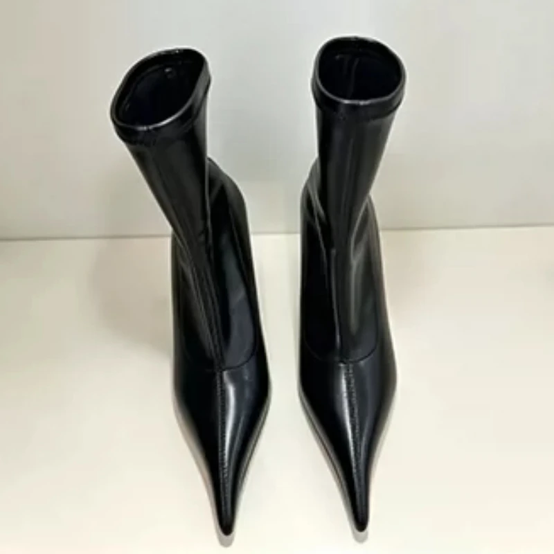 Sexy Pointed Toe Thin High Heel Stretch Ankle Boots for Women Fashion Slip on Leather Short Booties Ladies Party Evening Heels