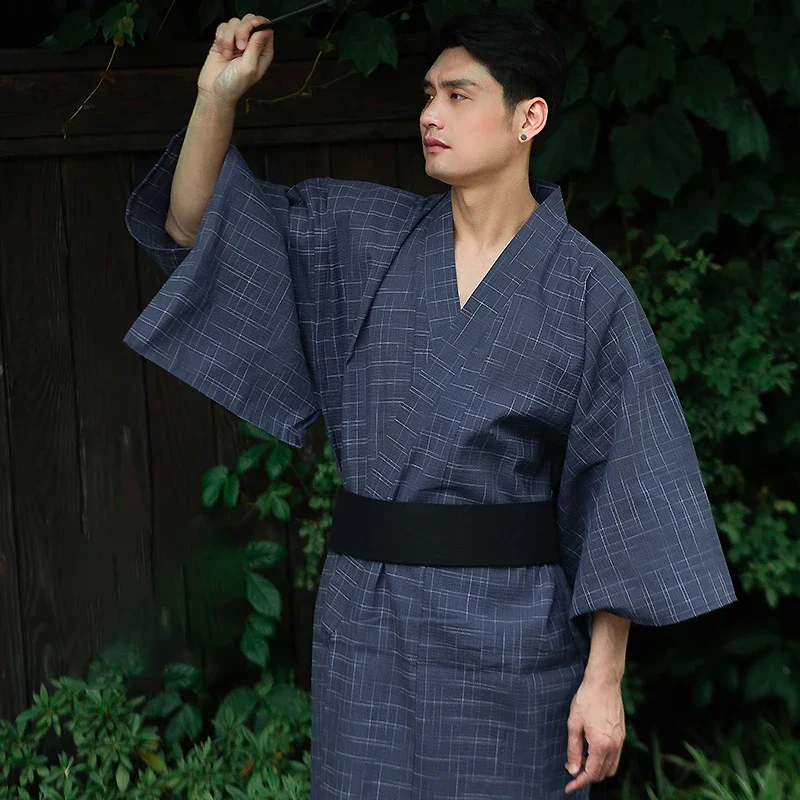 Traditional Japanese Kimono Samurai Costume Yukata Mens Summer Long Robes With Belt Cotton Pajamas Set Sleepwear Bathrobe