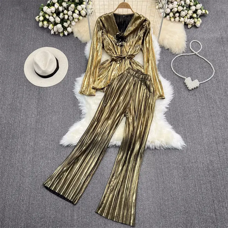 

Spring Fashion Set For Women Long Sleeve V-Neck Waistband Slim Top Two-Piece High Waist Metal Pleated Wide Leg Pants Suit Z1042