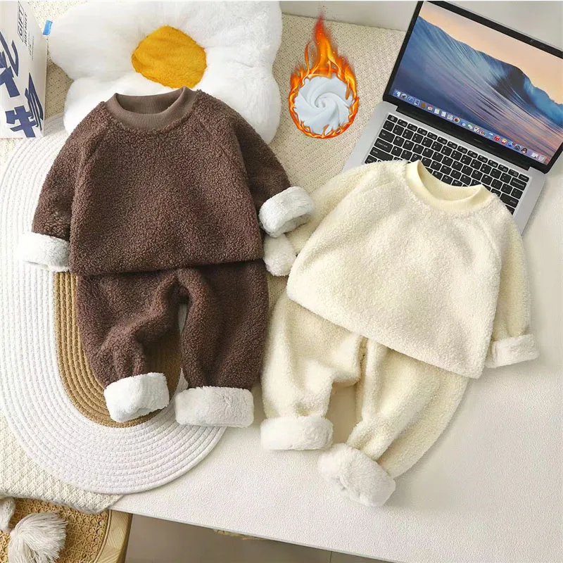 Baby Padded Thickened Set Children\'s Warm Round Neck Suit Autumn Winter New Boys Girls Fashion Casual Solid Color 2-Piece 2-10Y