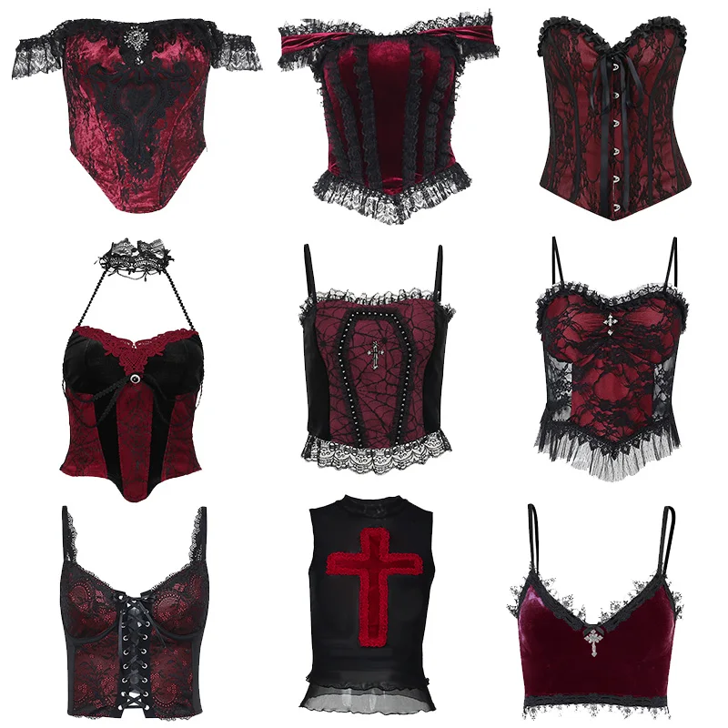 European American Style Dark Goth Sexy Low-cut Short Hot Girl Red Series Cool Spicy Girl Niche Chic Suspender Small Vest Woman