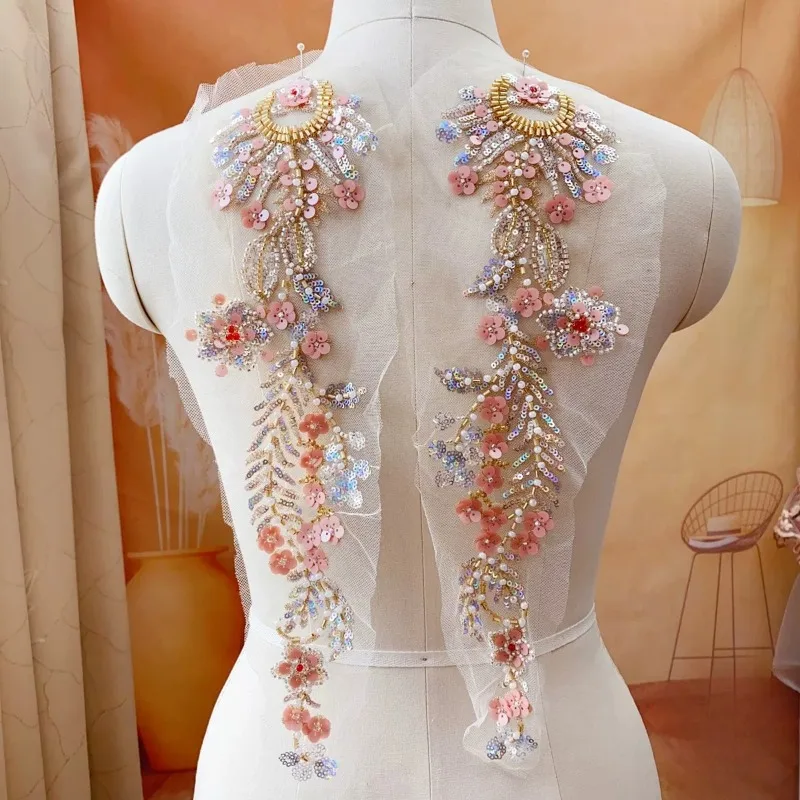 1 Pair Heavy Laser Beaded Lace Rhinestone Dance Costume Headwear Sparkly Embroidery Trim