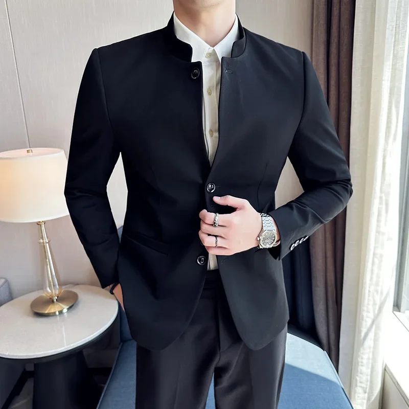 High-quality New Chinese Style Men\'s Suit Standing Collar Slim Fit Classic（Blazer+Pants）Solid Color Black 2 Pcs Wedding Dress