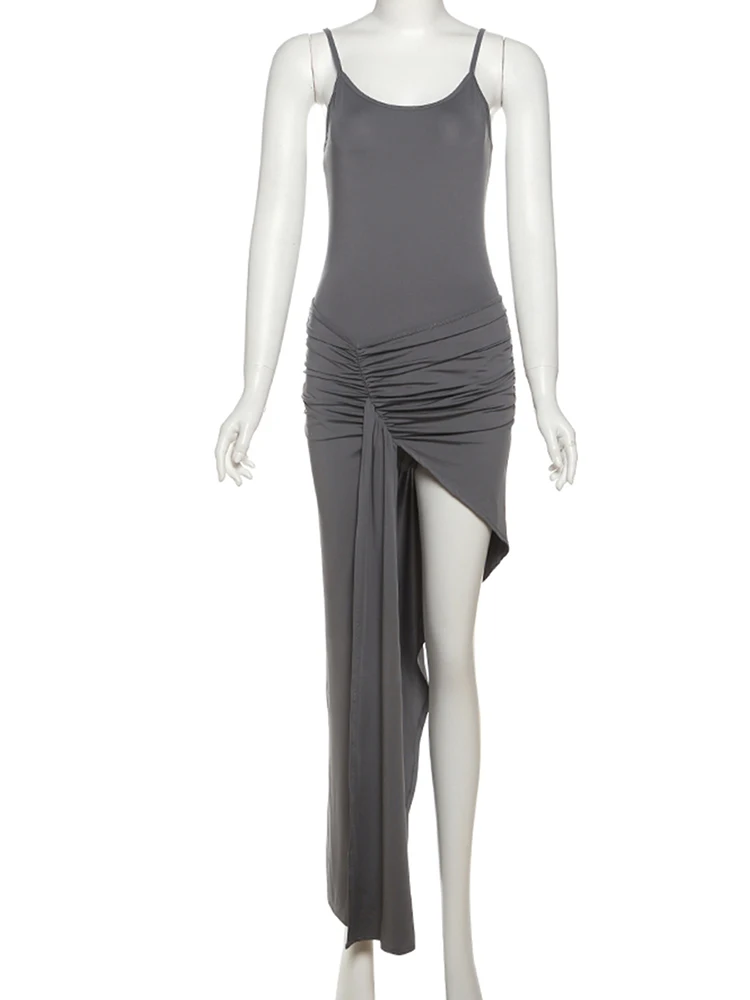 

Insglas Fit 2piece Set Women Basic Backless Low-Neck Sleeveless Bodysuit+Peach Buttocks Streamers Irregular Hem Folds Skirt Suit