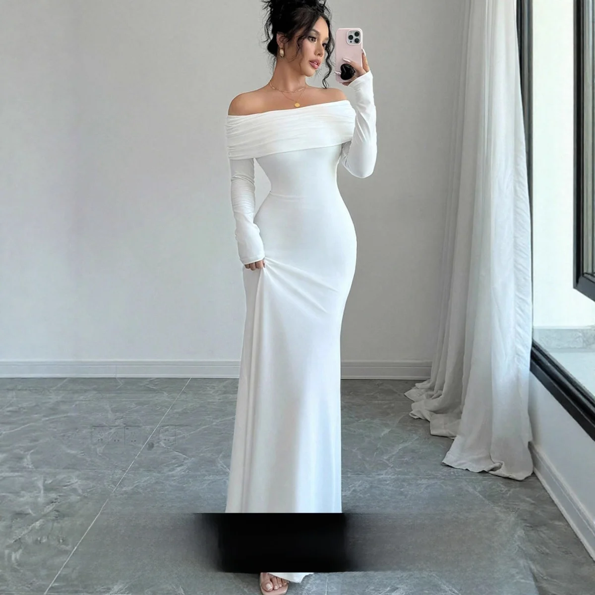 فستان أنيق طويل بكتف واحد من البوليستر المرن للخريف نمط جديد فستان ضيق مرن رباعي الأبعاد للنساء #1