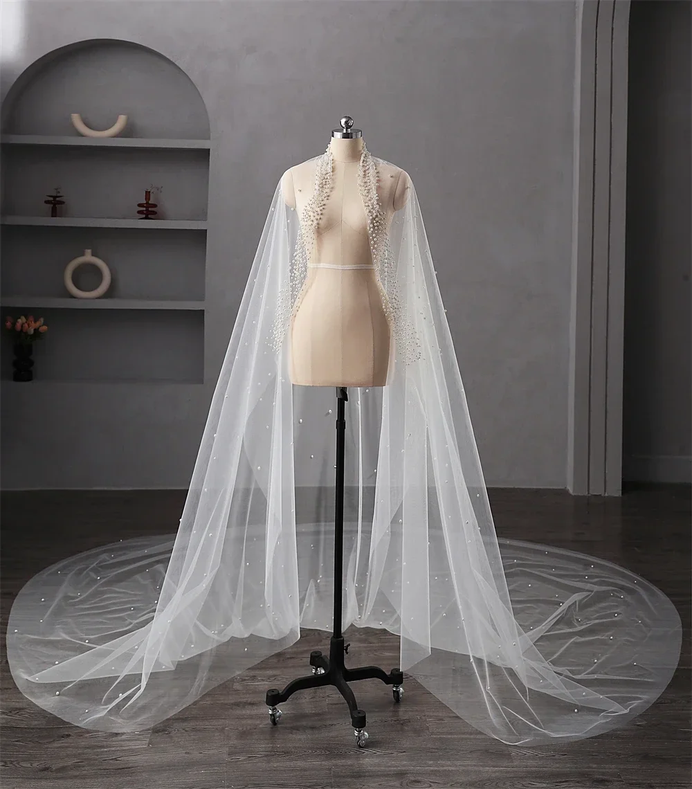 Perle voile de mariage 1 couche longue mariée cathédrale voile avec perles mantille luxueux Tulle cristal mariée voile cheveux accessoires