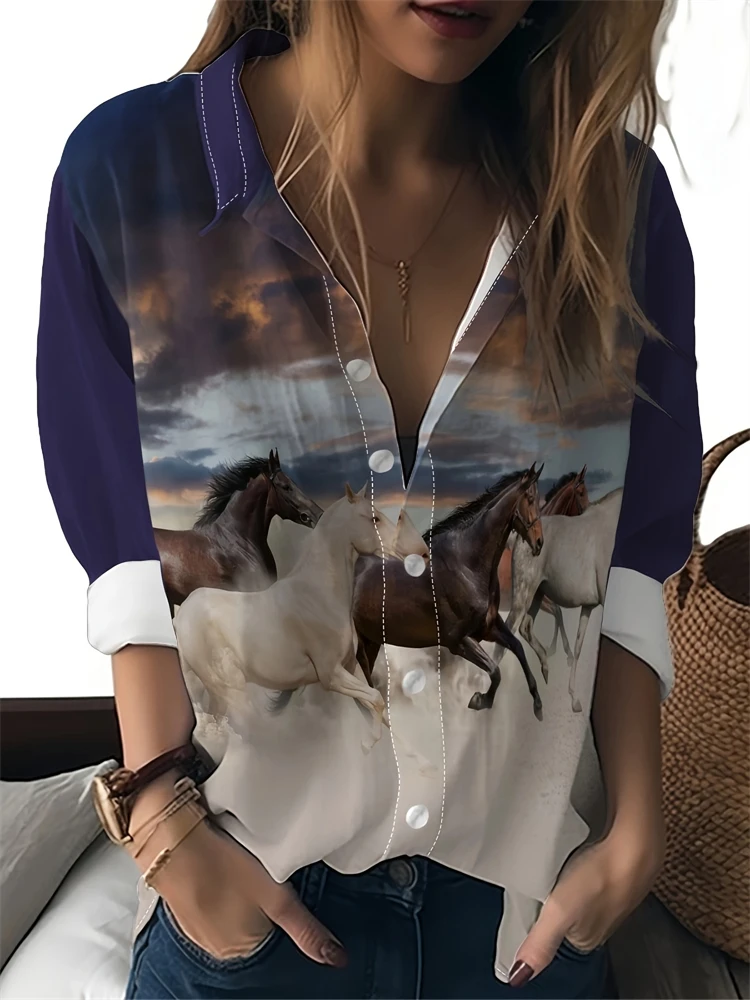 夏のレディースカジュアルシャツボタンファッション抽象アートパターン長袖シャツ春と夏の新しいレディース高級シャツ