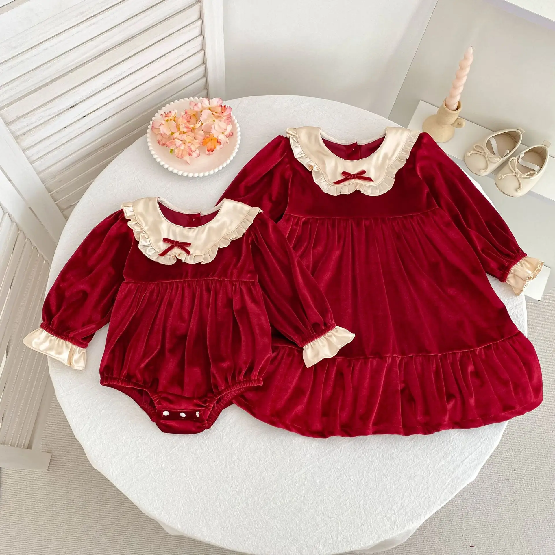 Christmas Sisters Girls Princess Dress New Year's Party Clothes Cotton Splicing Kids Party Dress Baby Bodysuits Sisters Clothes
