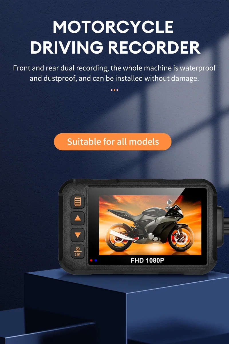 3 Zoll Motorrad-Dashcam Wasserdichte Motorradkamera DVR Vorne 720P & Hinten 480P Kamera Video-Loop-Recorder Schwarz Nachtsicht – Detail 1