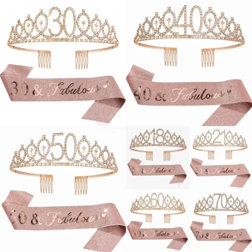 

Birthday Tiara Crown Sash Women Girls 18Th 21St 30Th 40Th 50Th 60Th 70Th Birthday Party Decoration Favor Gifts