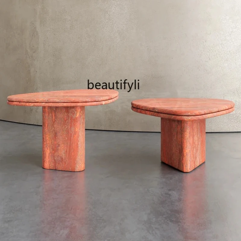 

Italian minimalist creative special-shaped natural travertine room home high-end marble coffee table small apartment
