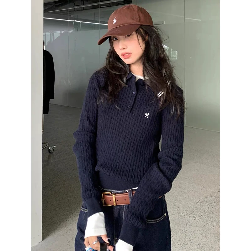 

Deeptown Vintage Embroidery Polo Sweaters Women Korean Preppy Style Knitted Pullover Old Money Long Sleeve Gray Jumpers Classic