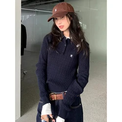 Deeptown Vintage Embroidery Polo Sweaters Women Korean  Preppy Style Knitted Pullover Old Money Long Sleeve Gray Jumpers Classic