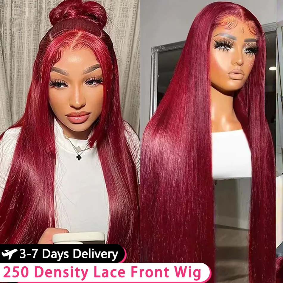 250 Density 99J Burgundy Red 13x6 Lace Frontal Human Hair Wigs Glueless Colored 30 40 Inch Straight Lace Front Wigs Human Hair