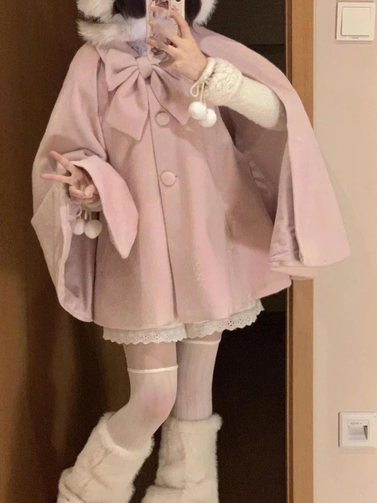 

Японские женские Y2k Эстетические однобортные пальто Лолита Сладкие медведи Уши Плащ с капюшоном Куртки Harajuku Kawaii Однотонная куртка с бантом