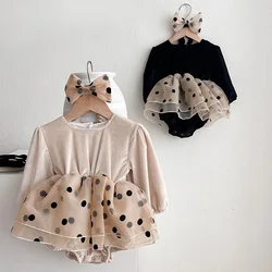 2024 New Spring Korean Style Newborn Baby Girl Jumpsuit+Hair band Long Sleeved Corduroy Splicing Infant Baby Girl Bodysuits