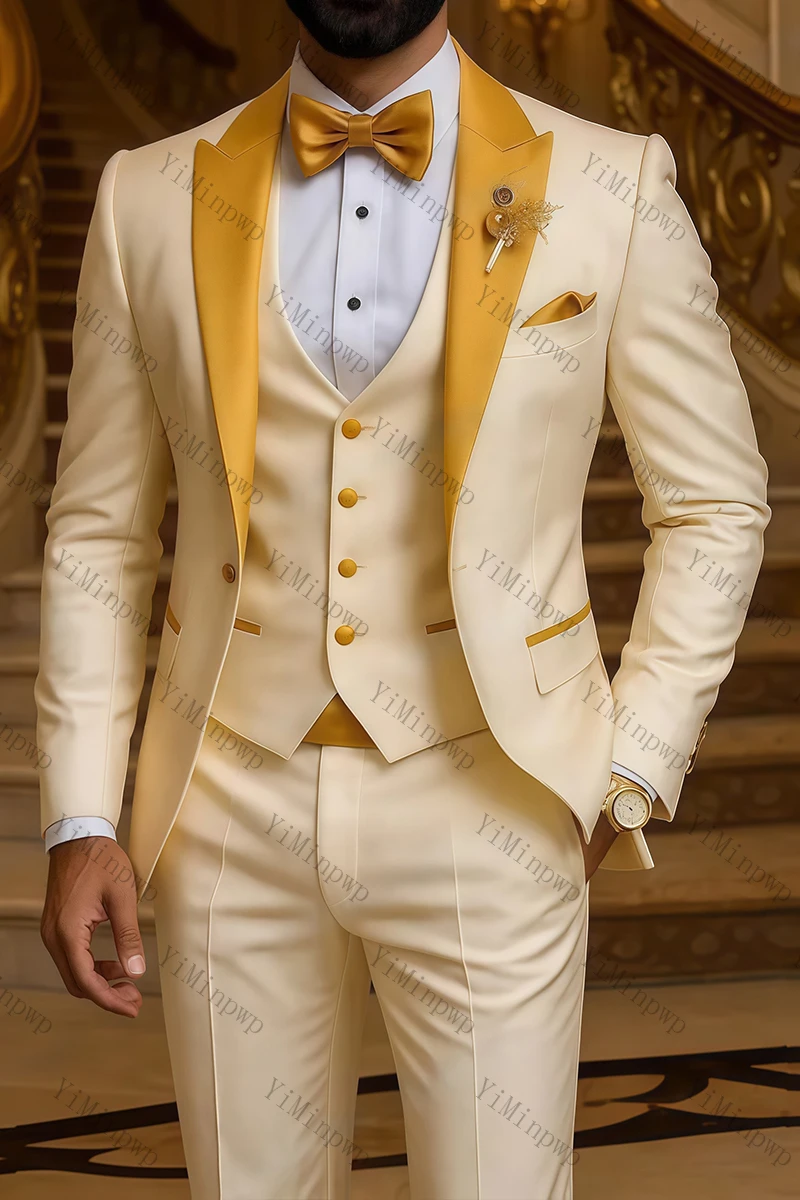 Men's Suits 3 PCS Peaked Lapel One Single Button Italian Champagne Wedding Suit Man Suit Tuxedo Prom Slim Fit Blazer Customized image 2