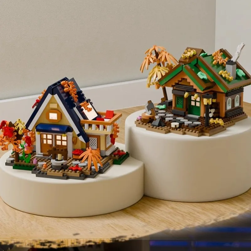Baumhaus Bausteine Retro Wald Holz Cottage Serie Kleines Granulat Zusammengebautes Modell Ornamente Lernspielzeug Geschenke