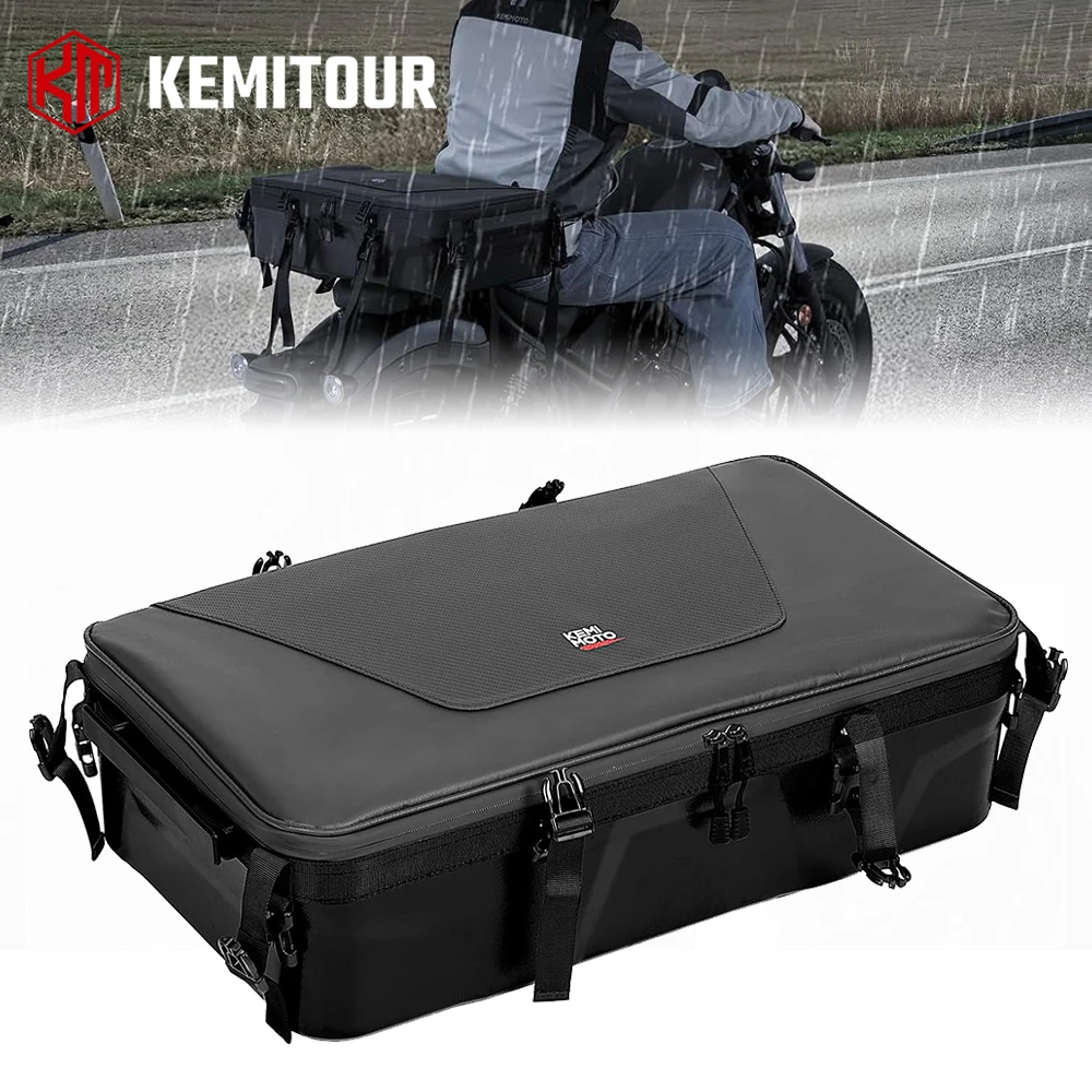 

Motorcycle Tail Seat Bag 35L PVC Luggage Storage Bag Waterproof with Rain Cover and Hard Shell Base for Touring Adventure Riders