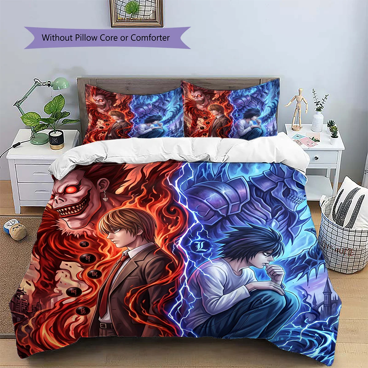 Death Note Patterned Pillowcase & Duvet Cover Set Anime Themed Bedding Decor Bedroom Ornament Gift for Fans.-TING