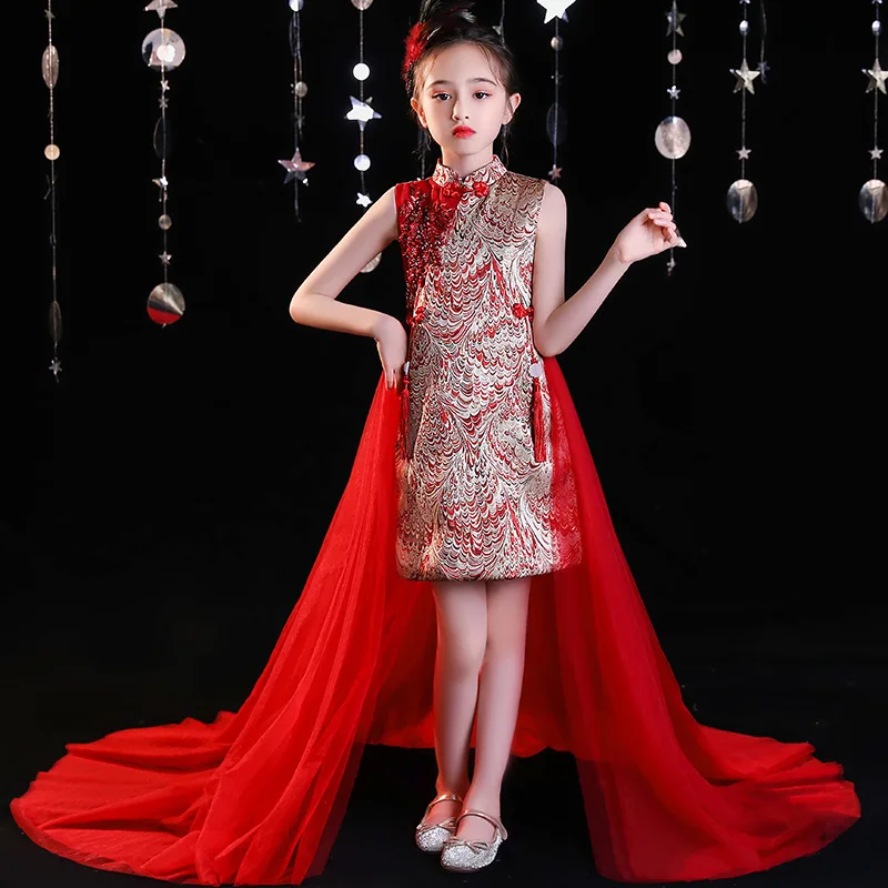 

2025 New Children's Cheongsam Dress Red National Trend Chinese Style Host Girl Princess Performance Costume