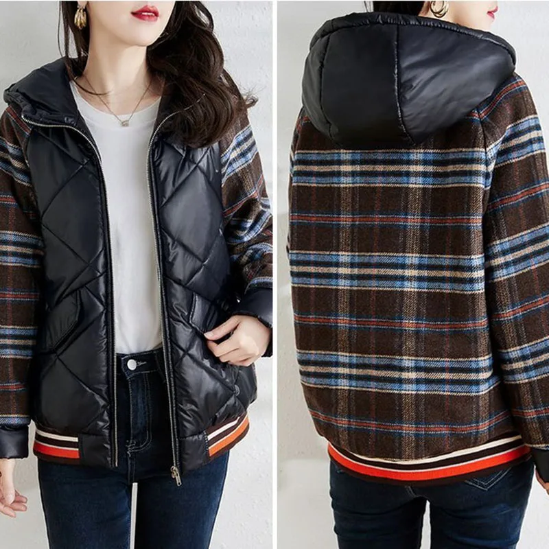 

Fall/Winter 2022 New Fashion Splicing Lattice Women Jacket Wild Add Thick Hooded Windproof Keep Warm Down Cotton Outcoat Female