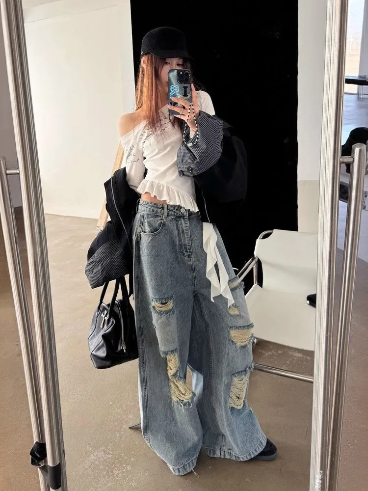 

Женские джинсы с высокой талией, широкими штанинами, в американском ретро-стиле, с дырками, свободного кроя, прямые, струящиеся, визуально стройнящие, длиной в пол