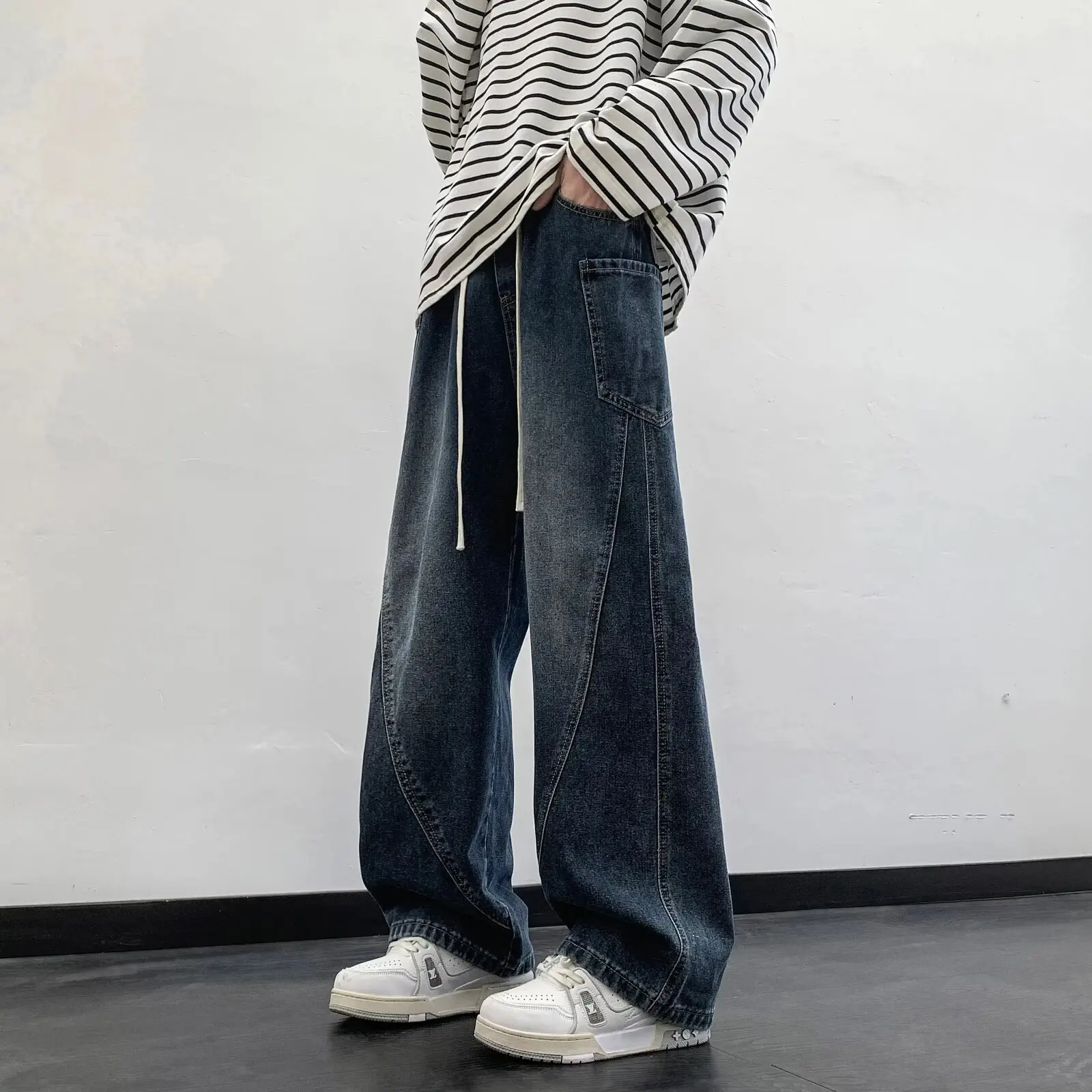 

Summer Large Size Men's Straight Leg Jeans Washed out Distressed Floor Length Knife Casual Trousers Straight Fit Jeans