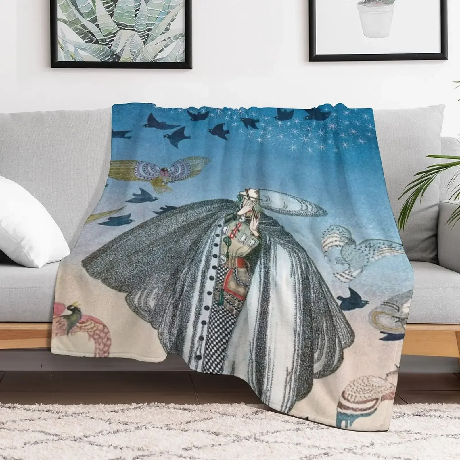 Kay Nielsen art Illustration of Nordic Soldier playing the flute summoning birds Throw Blanket Luxury Thicken wednesday Blankets