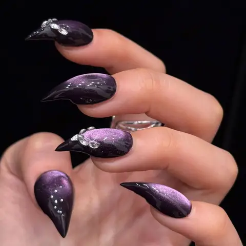 10PCS Handmade Cat Claws False Nail Press On Nails Dragon Claw Dark Purple Cat Eye Crystal Rhinestone Gothic Glossy Detachable