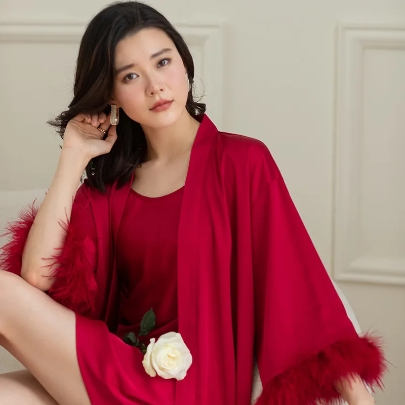 

Bride Wedding Satin Robe Gown Suit Female Spring Summer Sleepwear Feather Fashion Home Dress Intimate Suspender Nightgown
