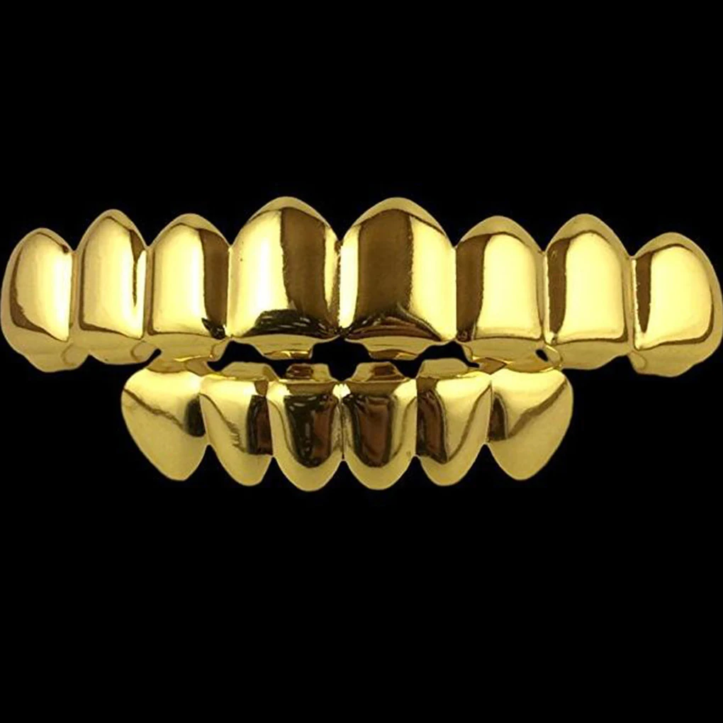 Top Bottom False Teeth Portable Halloween Grills Copper Plated Gold Tooth Performance Party for Christmas Festival