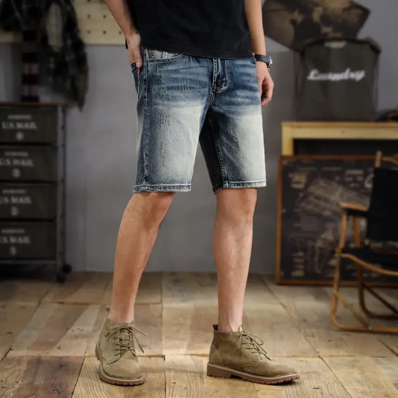 뉴 아메리칸 조수 빈티지 데님 반바지 남성 여름 조수 마모 하이 스트리트 헤비 신축성 5분 바지
