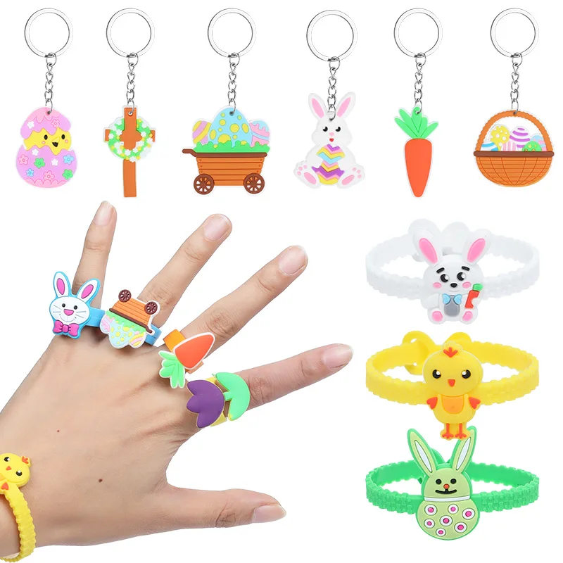 

6-21PCS Easter Cute Animal Silicone Bracelet Cartoon Bunny Keychain Ring Kids Birthday Party Gifts Happy Easter Decor Goodie Bag