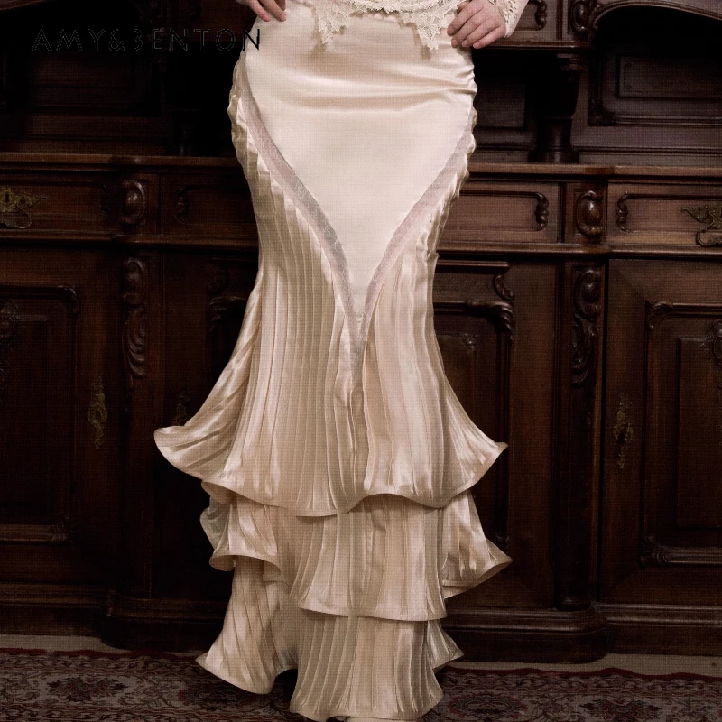 

Original French Design Lolita Satin Long Women's Skirt 2025 Autumn Winter New Sexy Sweet Cool Halloween Mermaid Skirts Ladies
