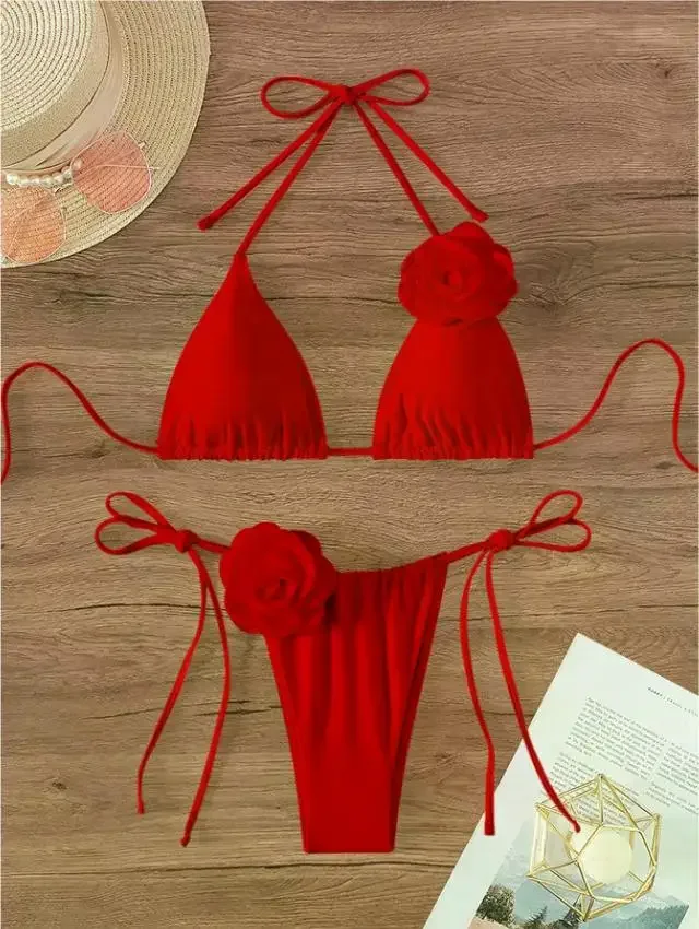 Sexy 3D Flowers Halter Strappy Bikini Women Swimwear Female Swimsuit Two-pieces Bikini Set Bather Bathing Suit Swim