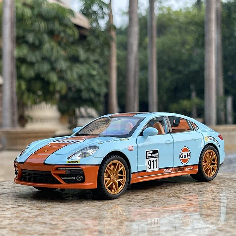 

1:24 Panamera GULF Суперкар из сплава, литье под давлением и игрушечный транспорт, металлическая игрушечная модель автомобиля, звук и свет, коллекция игрушек