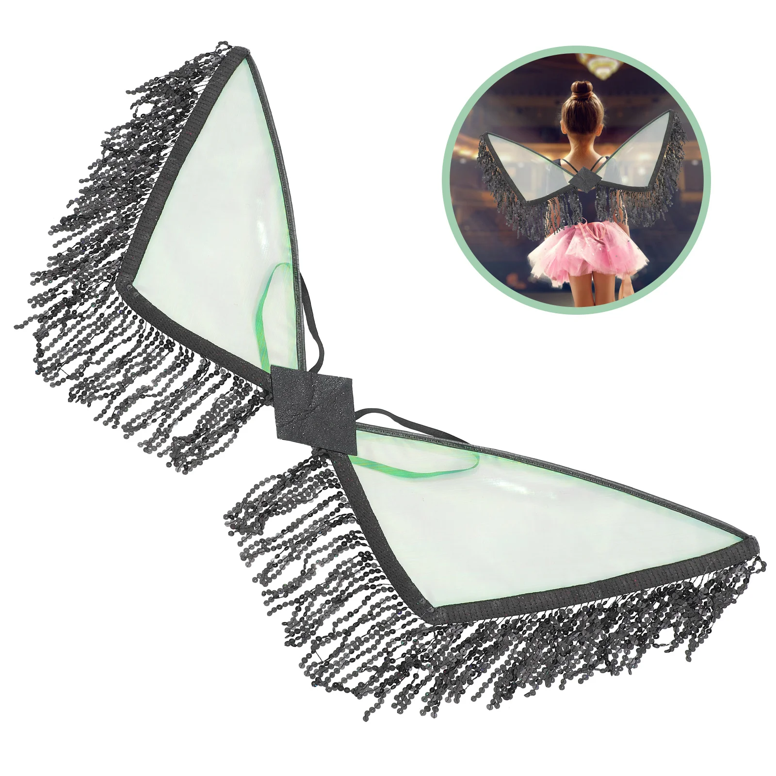 

Black Tassel Wing Prop with Sequins Cosplay Costume for Adults Halloween Party Performance Role Play Dance Event Decor