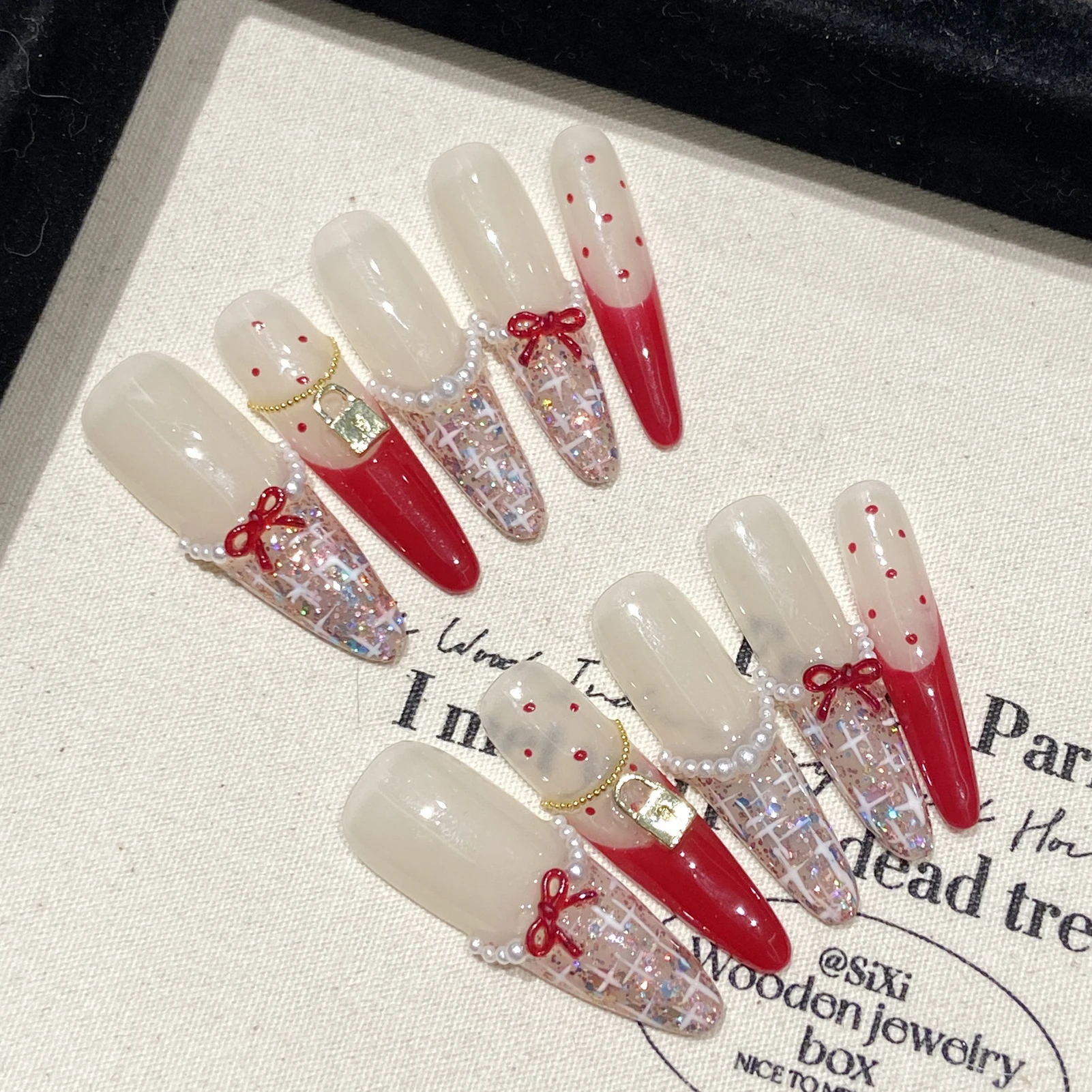 Imprensa oval longa feita à mão em unhas doce arco vermelho unhas falsas francesas cobertura completa wearable lantejoulas brilhantes coreano bonito dicas de unhas falsas