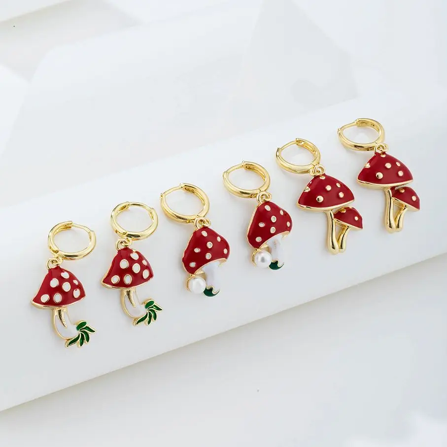 

2022 New Red Drop Oil Mushroom Earrings Fashion Gold Color Alloy Metal Earrings for Women Jewelry Accessories Wholesale