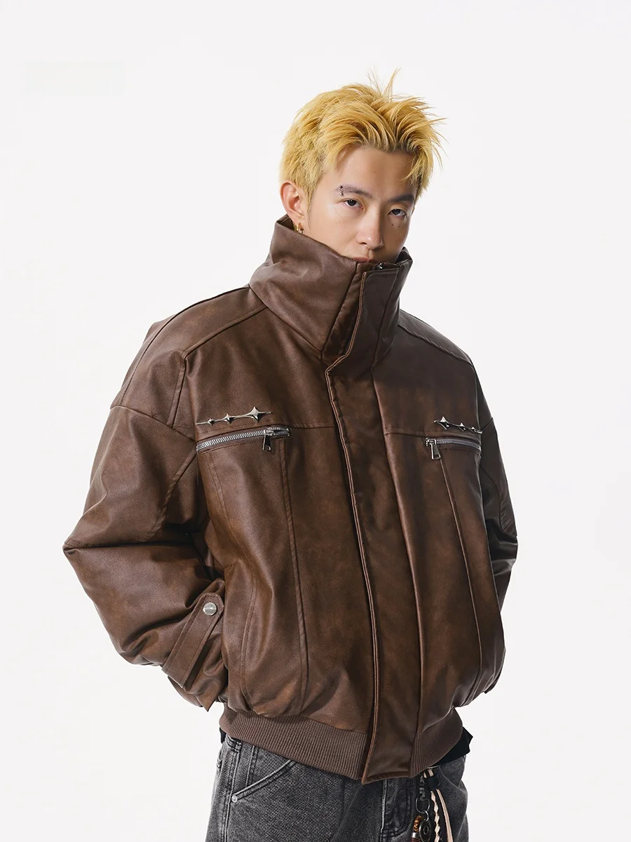 

Men's Thiened Winter PU Leather Jaet Stand Collar Biker Sle Warm Windproof Cotton Coat Metal Decorations Straight Hem